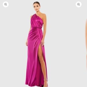 Mac Duggal Gathered One Shoulder Satin Faux Wrap Gown